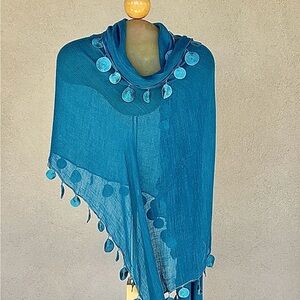 Shawl/Wrap/Scarf with circular trim, sheer lightweight. Organic look & feel,TEAL